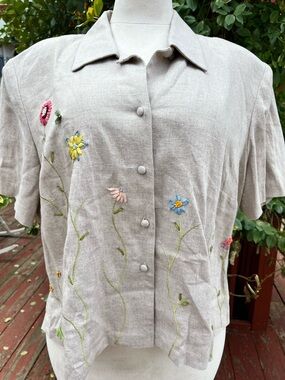 Positive Attitude linen blend top with whimsical floral embroidery plus size
